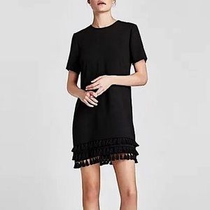 Zara Black Mini Dress with Pompoms Fringe - Large